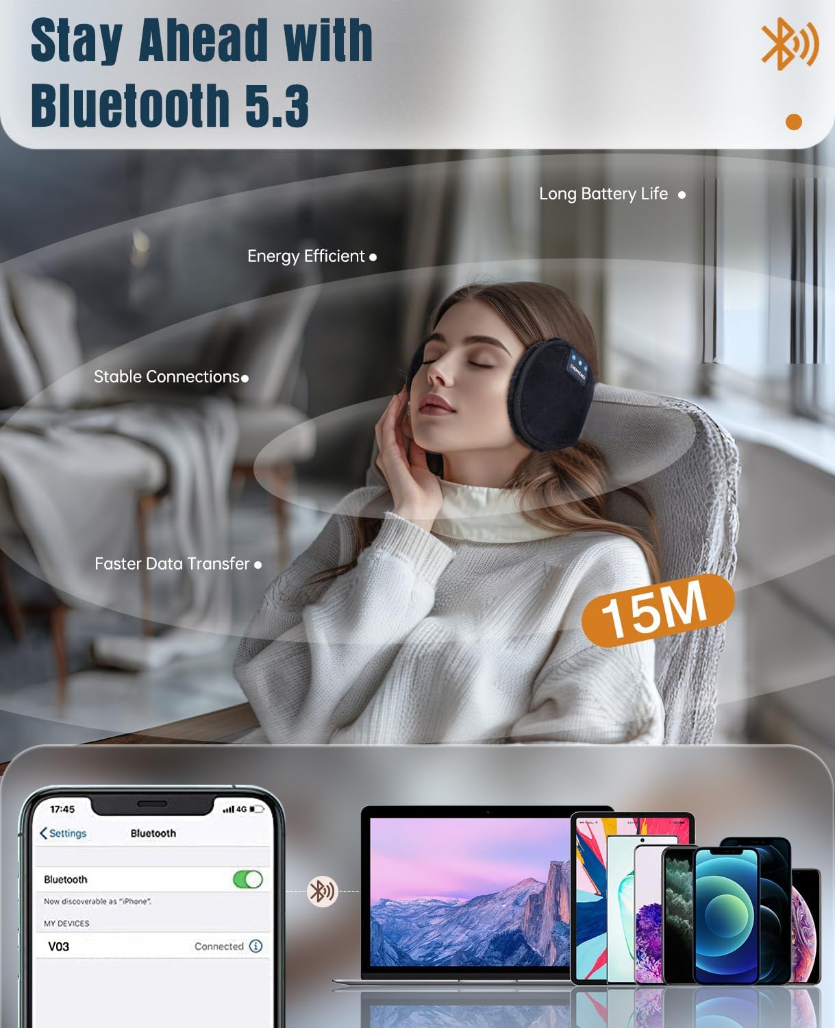 Bluetooth Ear Warmers, Wireless Earmuffs Headphones with HD Sound & Built-in Mic, Warm Winter Bluetooth Ear Muffs Headphones for Running, Hiking, Cycling, Gift for Men Women (Black) - Image 6