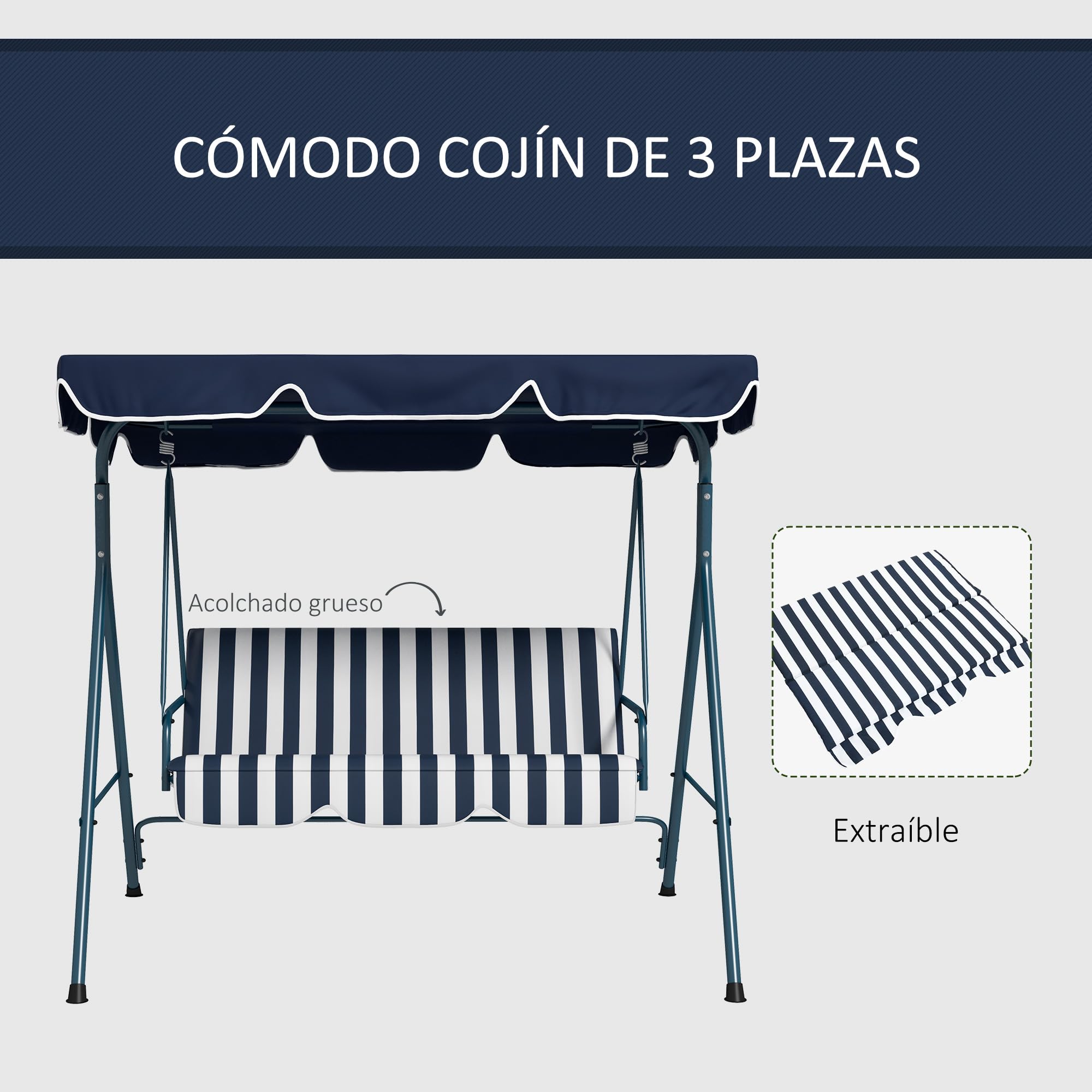 Outsunny Columpio de Jardín Exterior de 3 Plazas, Balancín de Jardín Exterior con Techo Ajustable y Marco de Acero, para Balcón, Terraza, Patio, Carga 240 kg, 172x110x153 cm, Raya Azul