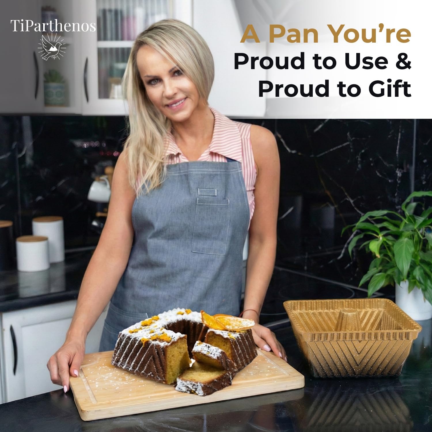 Square Fluted Tube Cake Pan, 10-Cup, Dual-Tone Gold & Black Shimmer Finish, Heavy Die-Cast Aluminum Nonstick Bakeware, 8.5-Inch Decorative Cake Mold, Easy Reales, Gift-Ready Box - Image 2