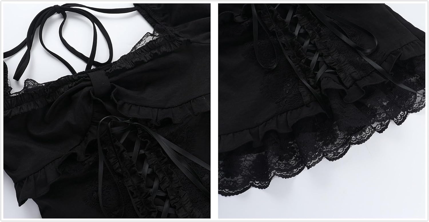 Cute Y2k Top T Shirt Women Goth Backless Puff Short Sleeve Sweetheart V Neck Gothic