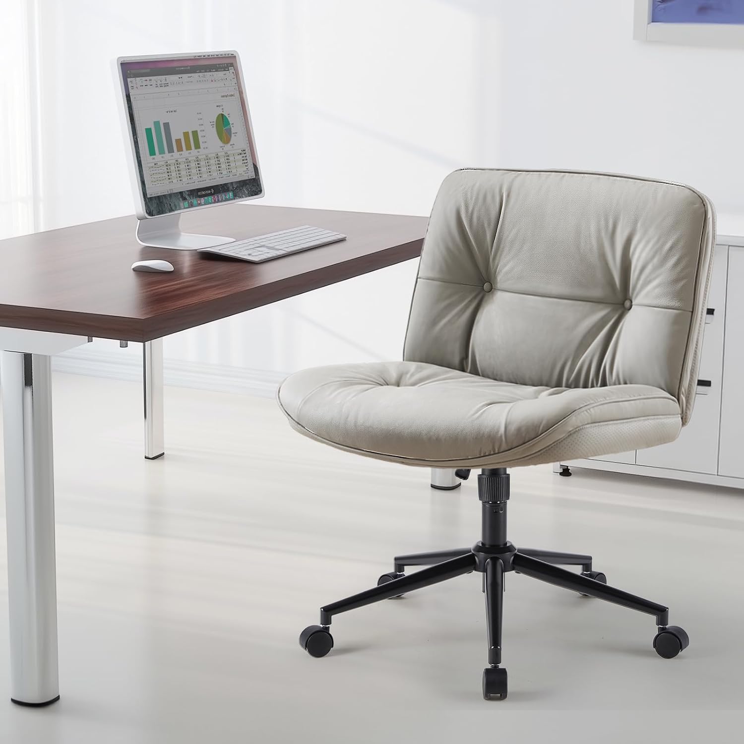 Sweetcrispy Armless-Office Desk Chair with Wheels, Cross Legged Wide Chair, PU Leather Comfortable Adjustable Swivel Computer Task Chairs for Home,Office,Make Up,Small Space,Bed Room Grey