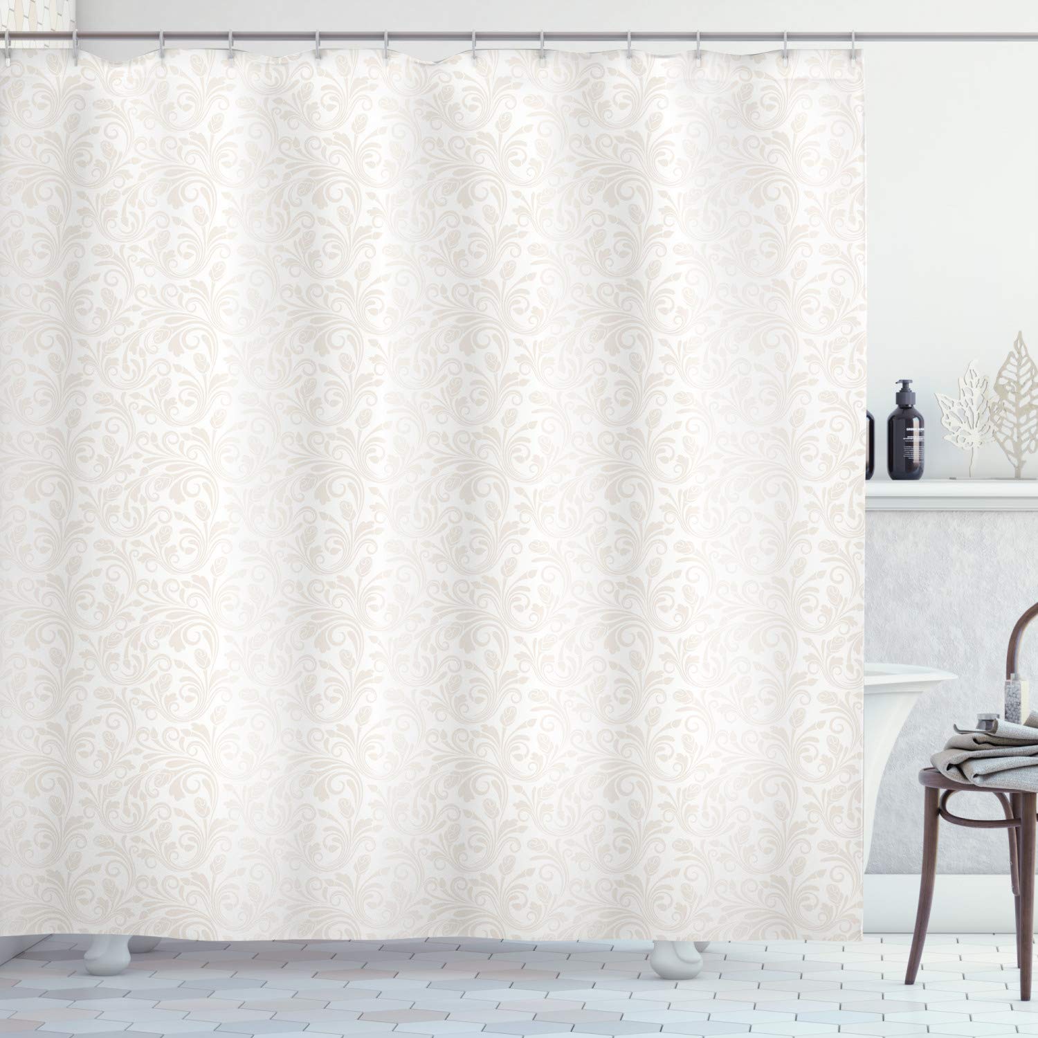ABAKUHAUS Ivory Shower Curtain, Medieval Victorian Petals Baroque Soft Toned Blooms Swirls Flourish Spring Pattern