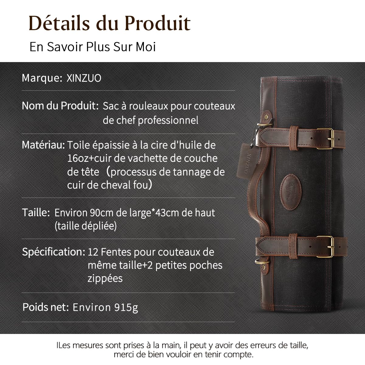 XINZUO Couteau de Chef Roll Sac Noir,12 Emplacements,Toile Cirée Imperméable 16oz et Cuir,Rouleau de Couteaux de Voyage pour Chef, Sac de Rangement Portable pour Couteaux de Cuisine (Pas de Couteau)