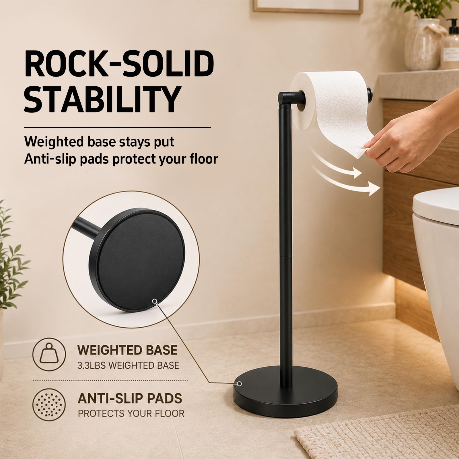 Matte Black Freestanding Toilet Paper Holder Stand, 3.3 lbs Base — Amazon image 5