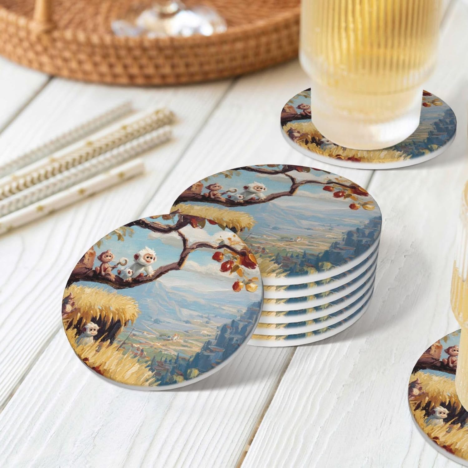 (Cute Monkey) Ceramic Coasters Set of 6 with Holder Non-Slip Round Coffee Coasters for for Cup Mug Drink Patio Coffee Table Decor, Christmas Coasters Home Bar Supplies