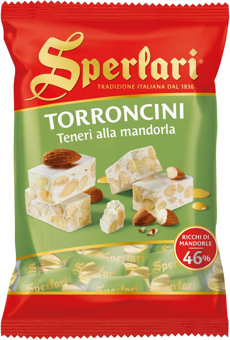 Torrone Traditional Italian Candy - Gourmet Soft Nougat With Crunchy Sliced Almonds & Honey - Travel Size Imported European Bagged Candy Individually Wrapped - 117 gr / 4.12 oz (Pack of 1)
