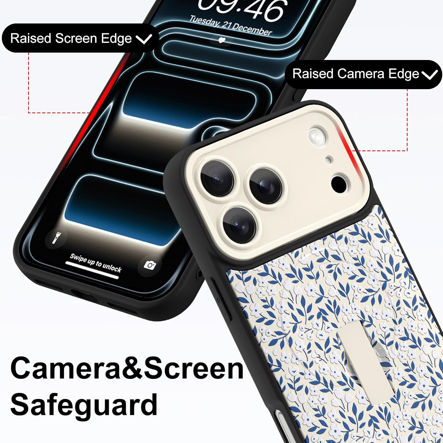 Magnetic Case for iPhone 17 Pro Max,Compatible with MagSafe,Finger Strap Kickstand for Women Girl Men,Cute Aesthetic Blue Flowers Pattern,Soft Slim Full Camera Protection,White