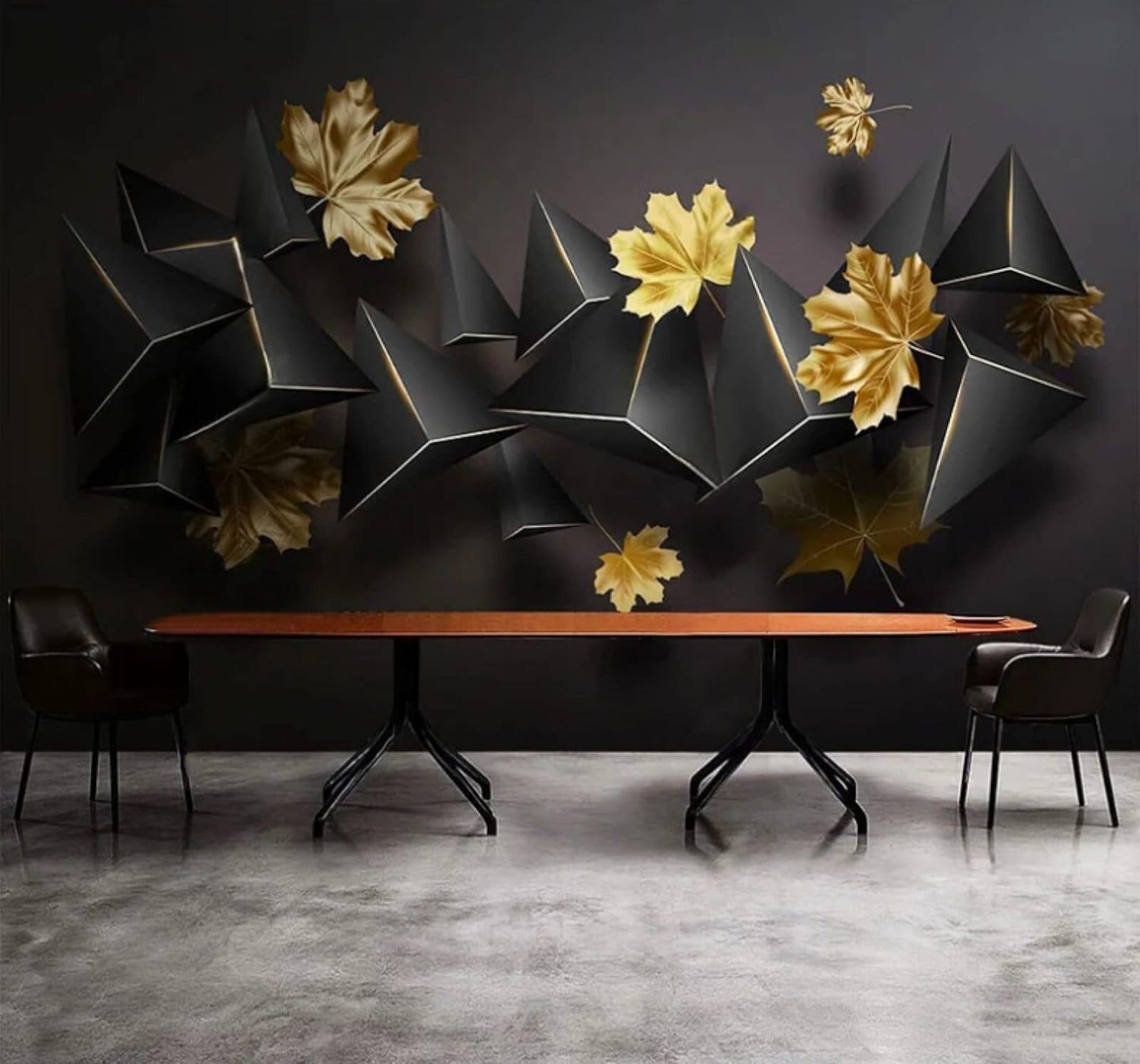 Wallpaper-3D-Xlm 200Cm×140Cm(B×H) Three Dimensional Black Geometric Gold Maple Leaves 3D Wallpaper Easy Install Feature Office Living Room Sofa Bedroom Tv Background Wall Decoration-200Cm×140Cm