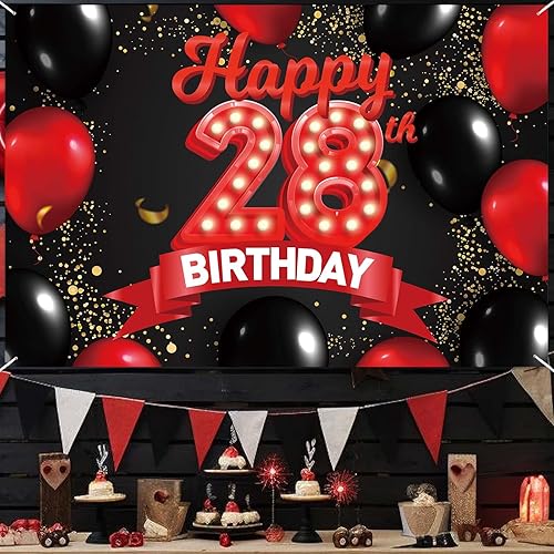 Miniatura 6 de Cartel de feliz cumpleaños 28 color rojo y negro, decoración temática de globos para niñas y mujeres, princesas de 28 años, fiesta de cumpleaños,