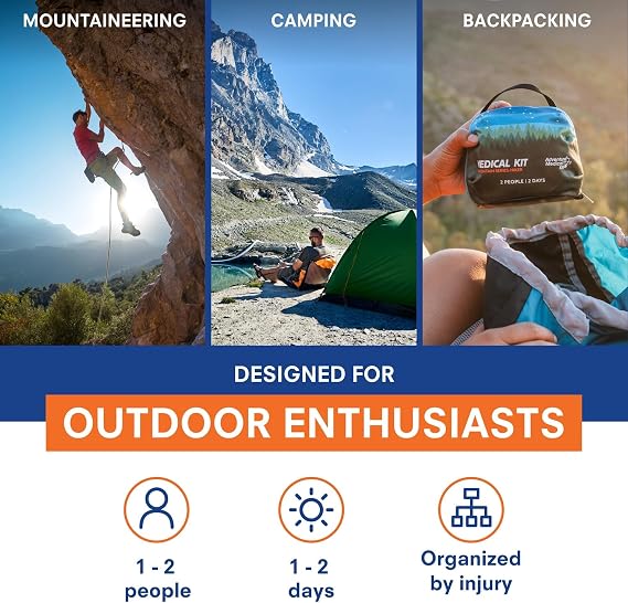مجموعة أدوات طبية للمغامرات مجموعة أدوات طبية من سلسلة Mountain Series - للمتنزهين - مجموعة إسعافات أولية طبية طارئة - لشخصين لمدة يومين - مع وسادة صدمات ودواء ودليل إرشادي والمزيد - الغابة