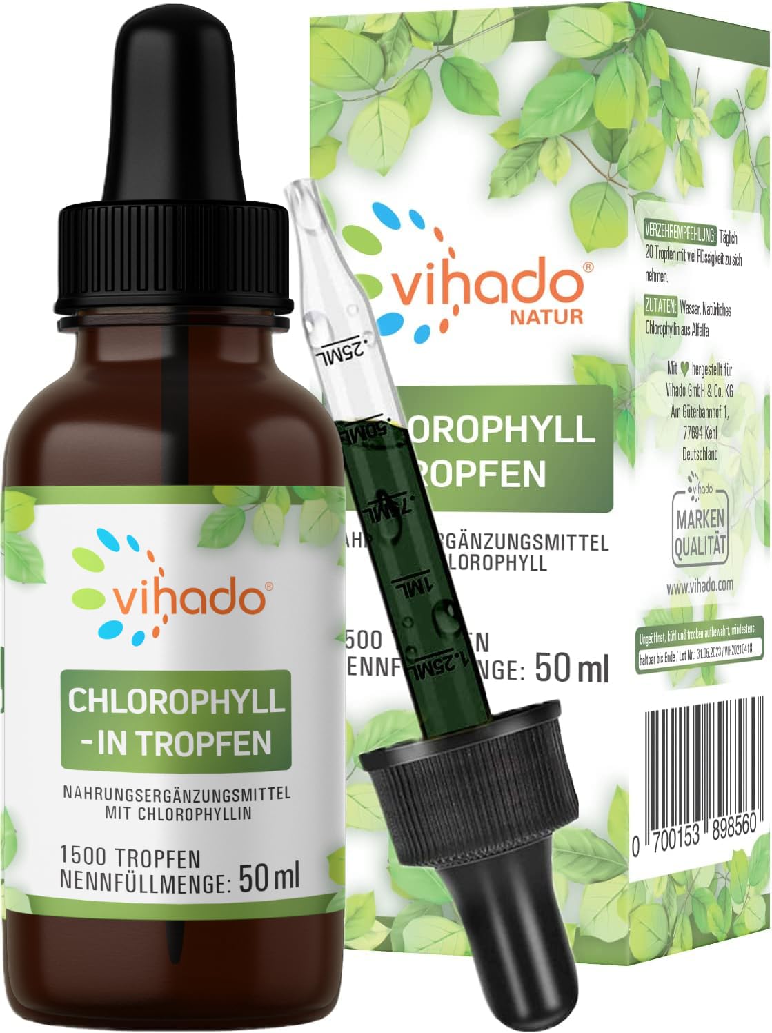Vihado flüssige Chlorophyll Tropfen aus reinem Alfalfa - mit Quellwasser ohne Zusatzstoffe, 50 ml (1.500 Tropfen)