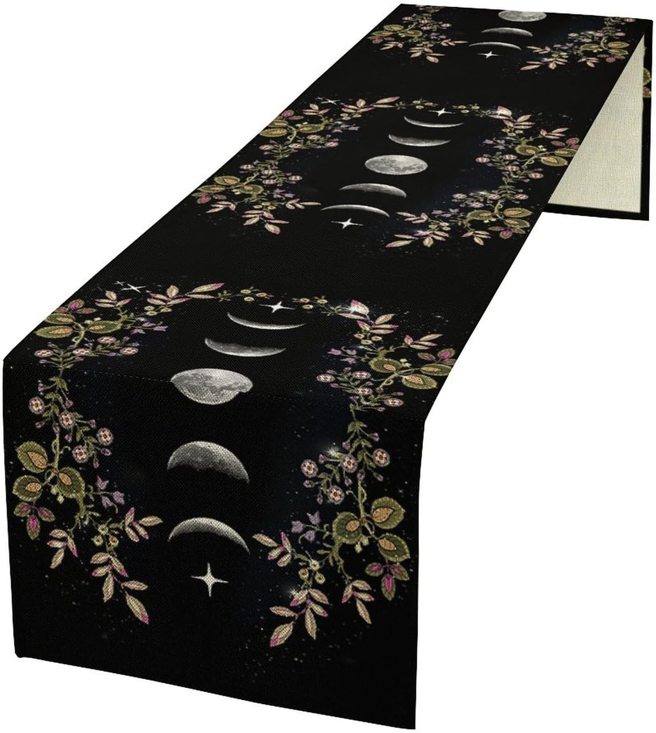 Boho Floral Moon Table Runner, Cotton Linen Non-Slip Dining Table Runners Black Flower Wildflower Moon Decor, Dresser Scarves for Coffee Table Wedding Holiday Party Tabletop Kitchen Decor 13x120Inch