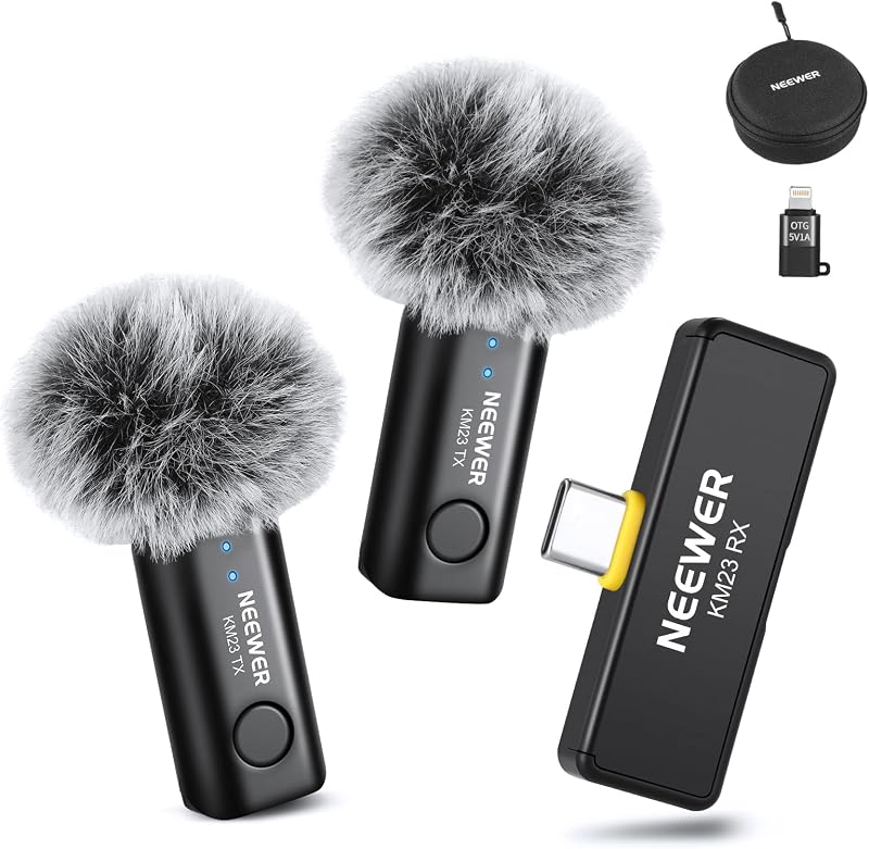 NEEWER Lavalier Wireless Microphone System, 1x USB C Receiver with OTG Adapter & 2X Noise Cancelling Omnidirectional Condenser Transmitter Compatible with iPhone 16 Pro Max S24 Ultra, KM23