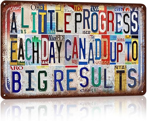Cartel de metal con citas inspiradoras para decoración de pared, con texto en inglés "A Little Progress Every Day Can Add Up To Big Results"