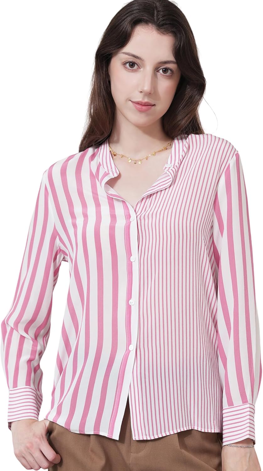 COLD POSH 100% Pure Mulberry Silk Blouse for Women Long Sleeve Button Down Stripe Shirt for Spring/Summer