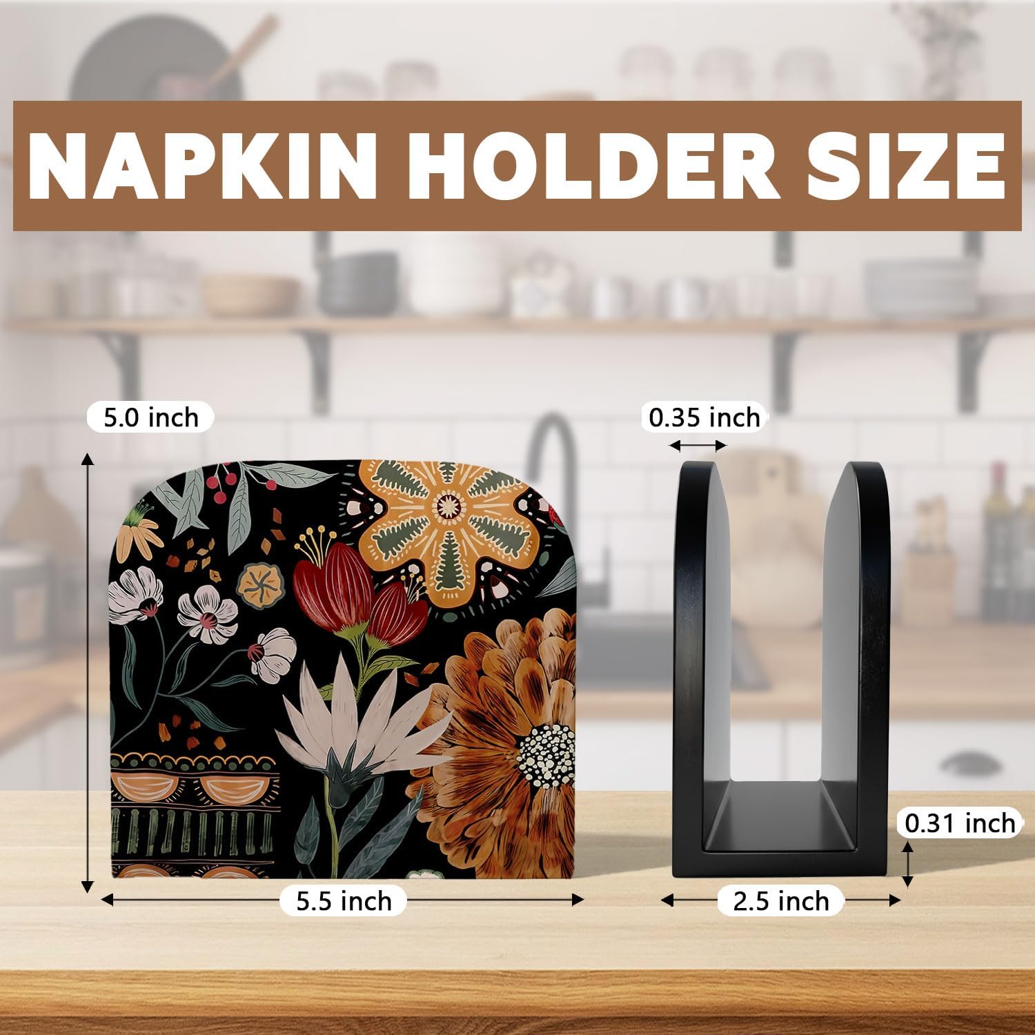 Boho Abstract Floral Wood Napkin Holder for Table, Dark Vintage Flowers Botanical Wooden Standing Napkin Dispenser for Home Kitchen Dining Room Party Cafe Bar Decorations