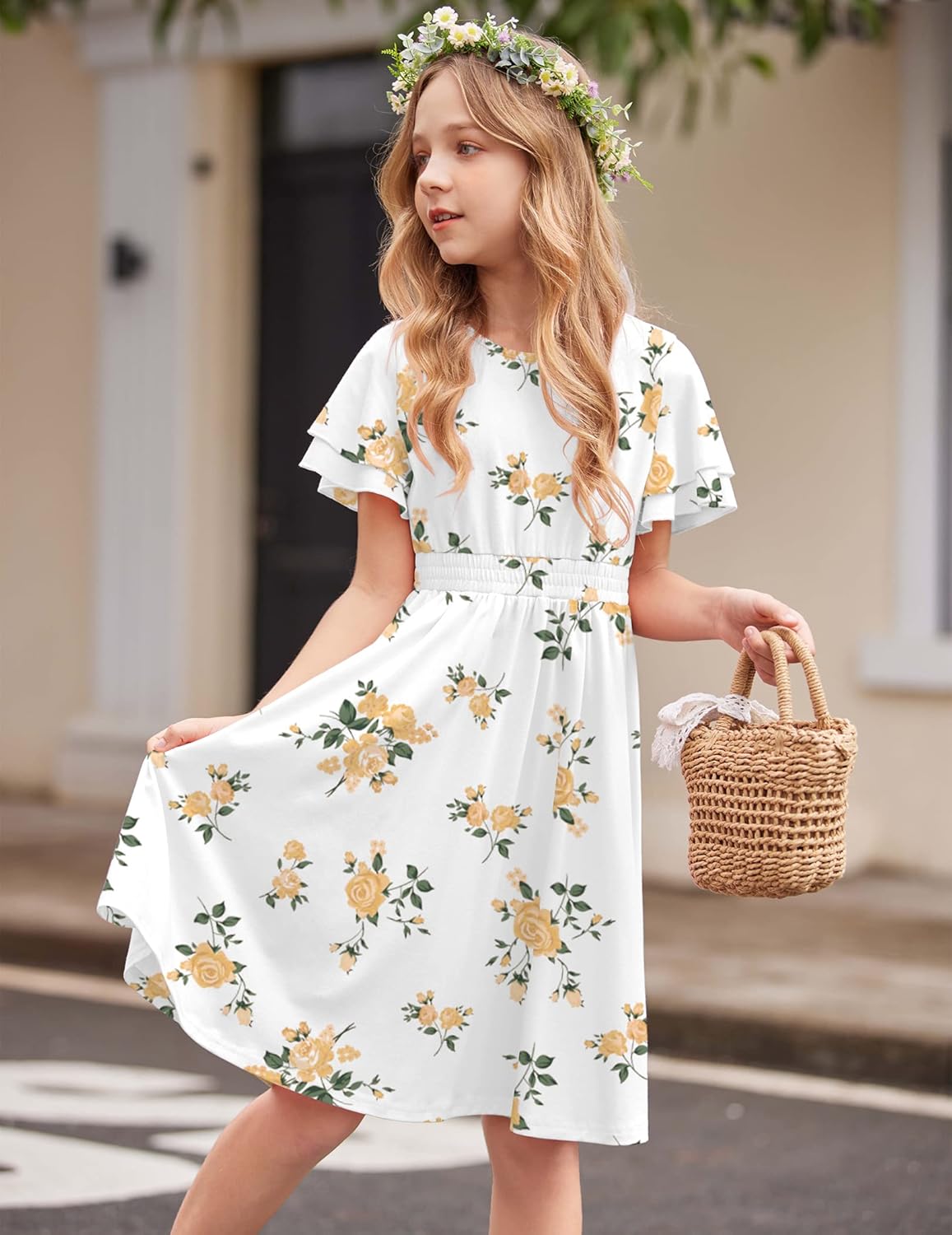 Arshiner Girl's Casual Dress Summer Scoop Neck Short Sleeve Flowy Print and Plain Sundress for Kids 4-14Y - Image 5