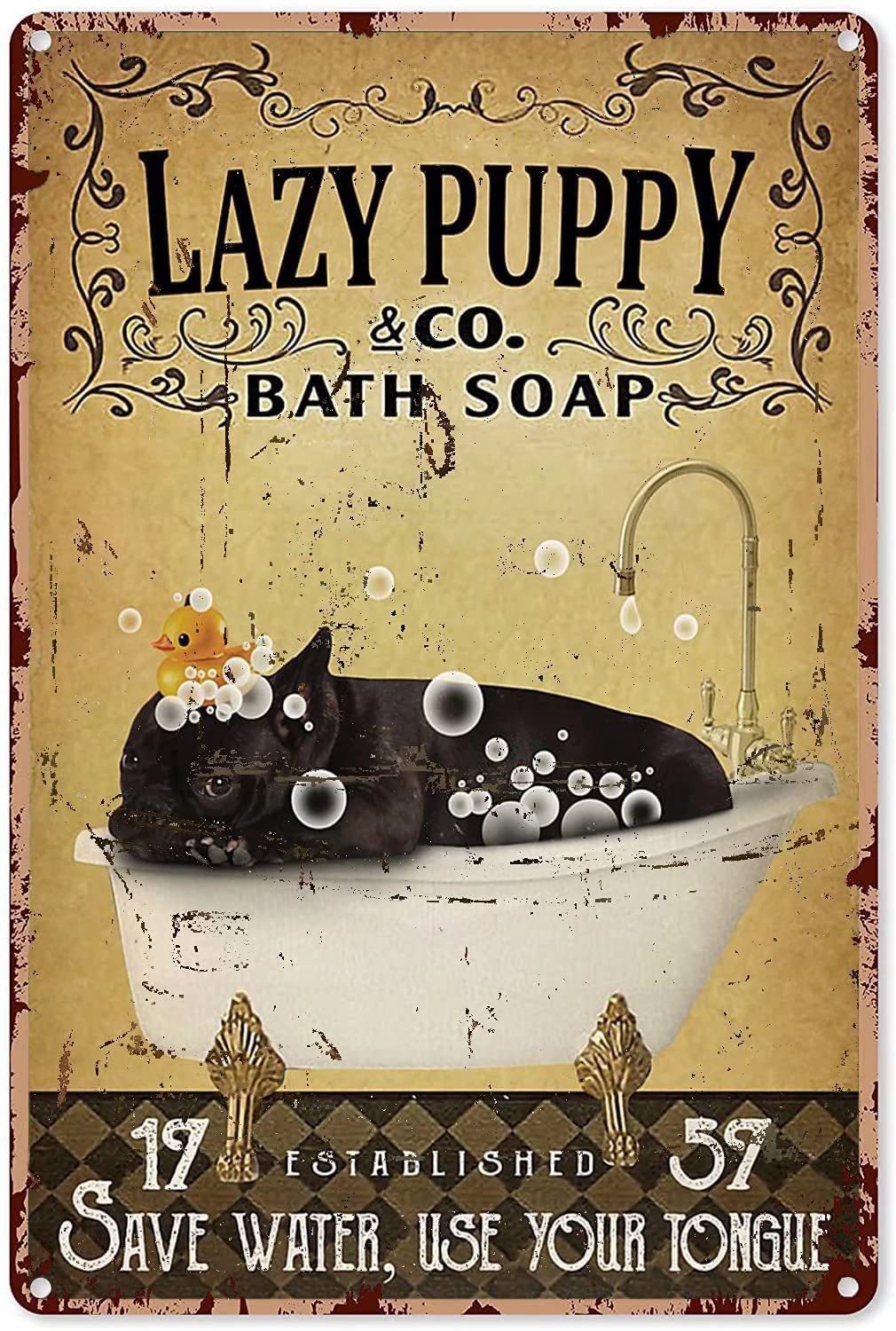Tin Sign Black Puppy Bath s Wall Retro Tin Sign,Bathroom Decoration for Bars,Restaurants,Cafes and Bars,New Year,Metal Sign 12x16 Inches