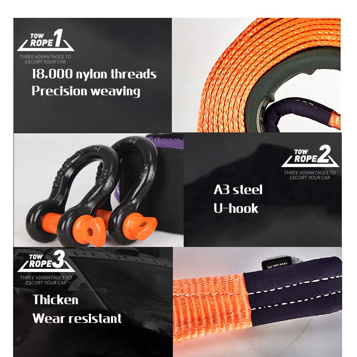 Cuerda de Remolque,Cuerdas de Remolque de 6M,Cuerda de Tracción de Automóvil de Nylon de Alta Resistencia,Con 2 Ganchos de Seguridad/a/6M/15T