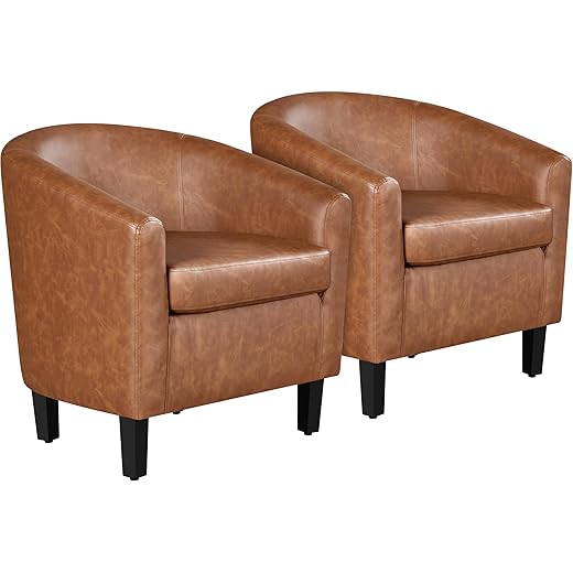 Yaheetech Brown Accent Chairs Set of 2, Faux Leather Barrel Chairs, Comfy Modern Leather Club Armchairs with Soft Seat for Living Room Bedroom Reading Waiting Room, Brown