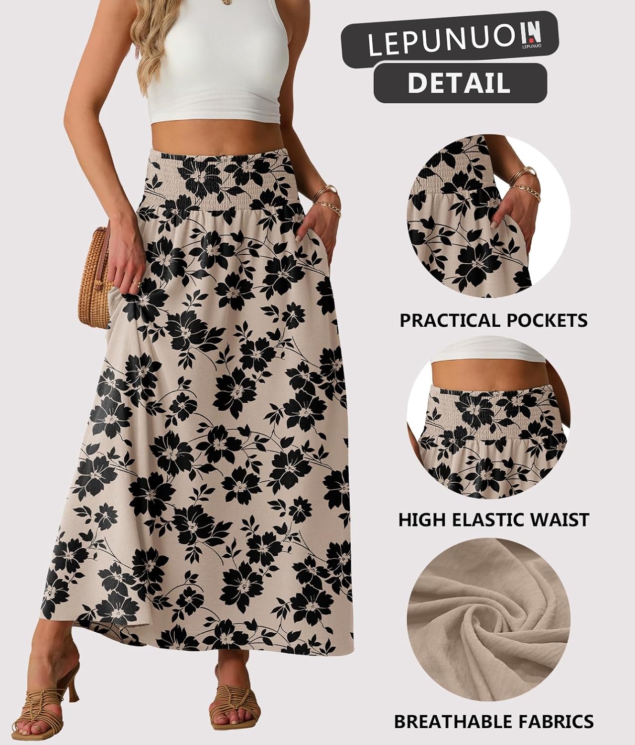 Lepunuo Maxi Skirts for Women Smocked Elastic High Waisted Casual Boho Swing Pleated Beach Long Skirts with Pockets - Image 5