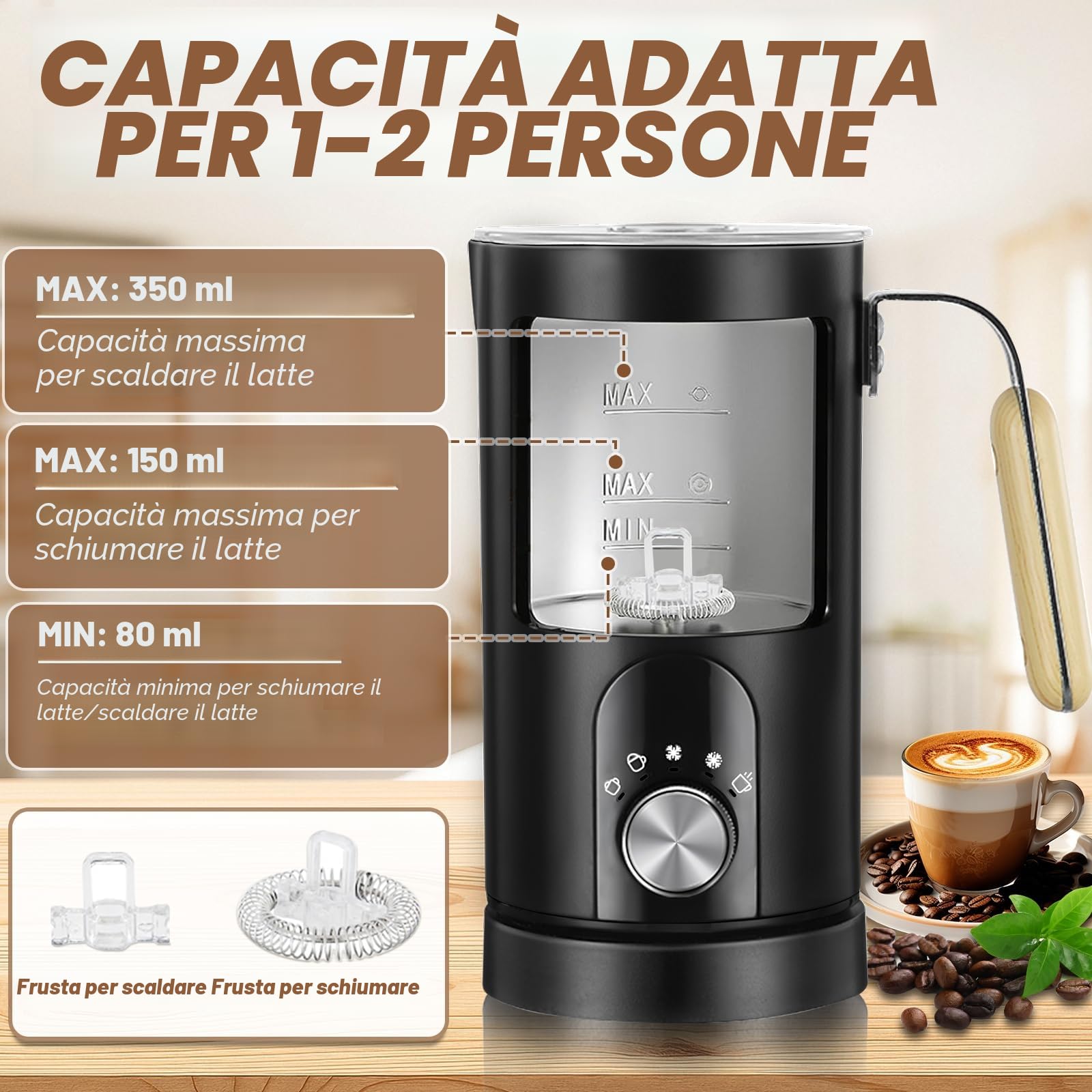 Montalatte Elettrico 5 in 1, Cappuccinatore Elettrico 350ML, per Schiumare Latte Caldo e Freddo, Silenzioso, Acciaio Inossidabile Rivestimento Antiaderente, per Caffè, Cappuccino, Latte