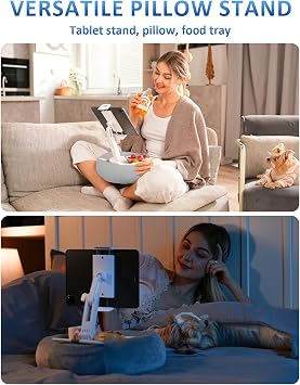 Tablet Stand Ereader Pillow Holder with 2 Detachable Trays & Soft Plush Pillow + Remote Control Page Turner for Kindle - Compatible with 4.7 - 13 Devices for Kindle, Kobo, iPad, iPhone, Android; Feat