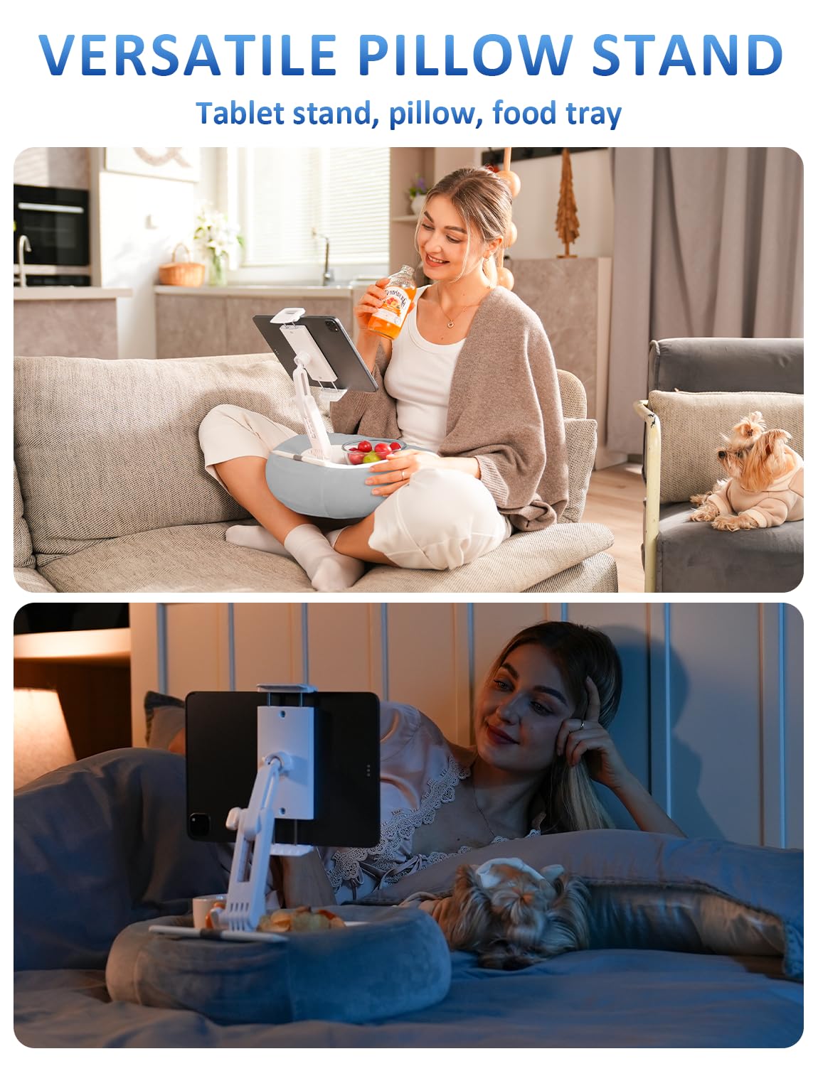 Tablet & E-Reader Stand with Soft Plush Pillow and 2 Detachable Trays, Adjustable Tablet Holder for Bed or Lap Compatible with Kindle Kobo iPad iPhone Portable Monitors & 4.7-16.1