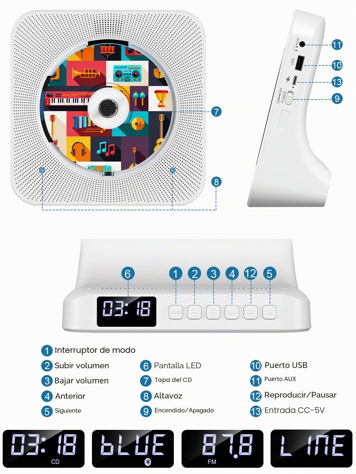Gueray Reproductor de CD Bluetooth con Radio y Altavoces Blanco