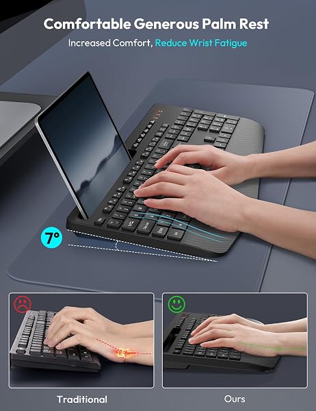SABLUTE Wireless Keyboard with Wrist Rest, Full-size Ergonomic Keyboards with Phone Holder, Numeric Keypad, 18 Multimedia Keys, Sleep Mode, 2.4GHz Cordless Keyboard for Windows/Computer/PC, KN213 - 2