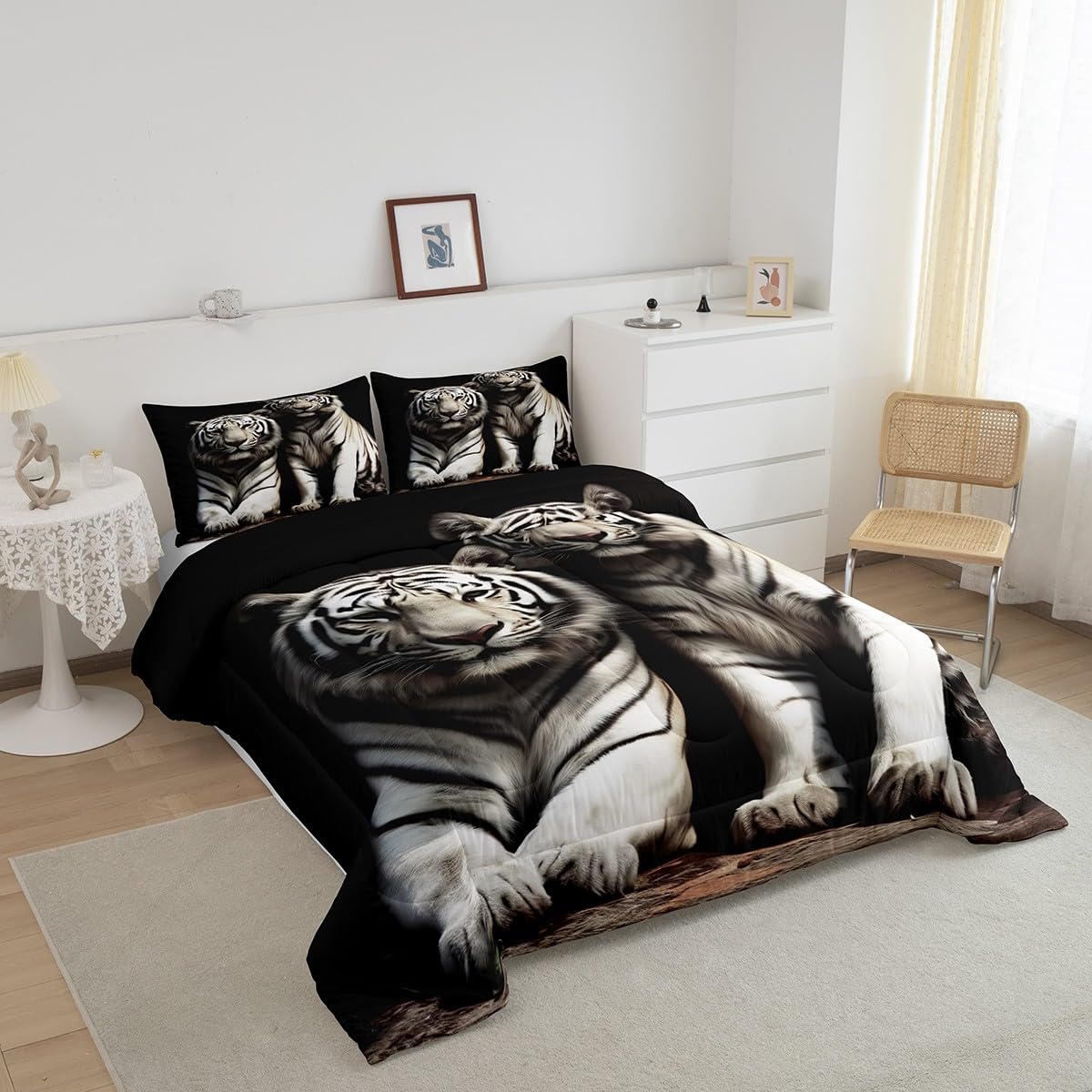 Erosebridal Parure de lit matelassée à motif de tigre blanc pour enfants, garçons, filles, adolescents et adultes, motif à rayures grises et noires pour grand lit