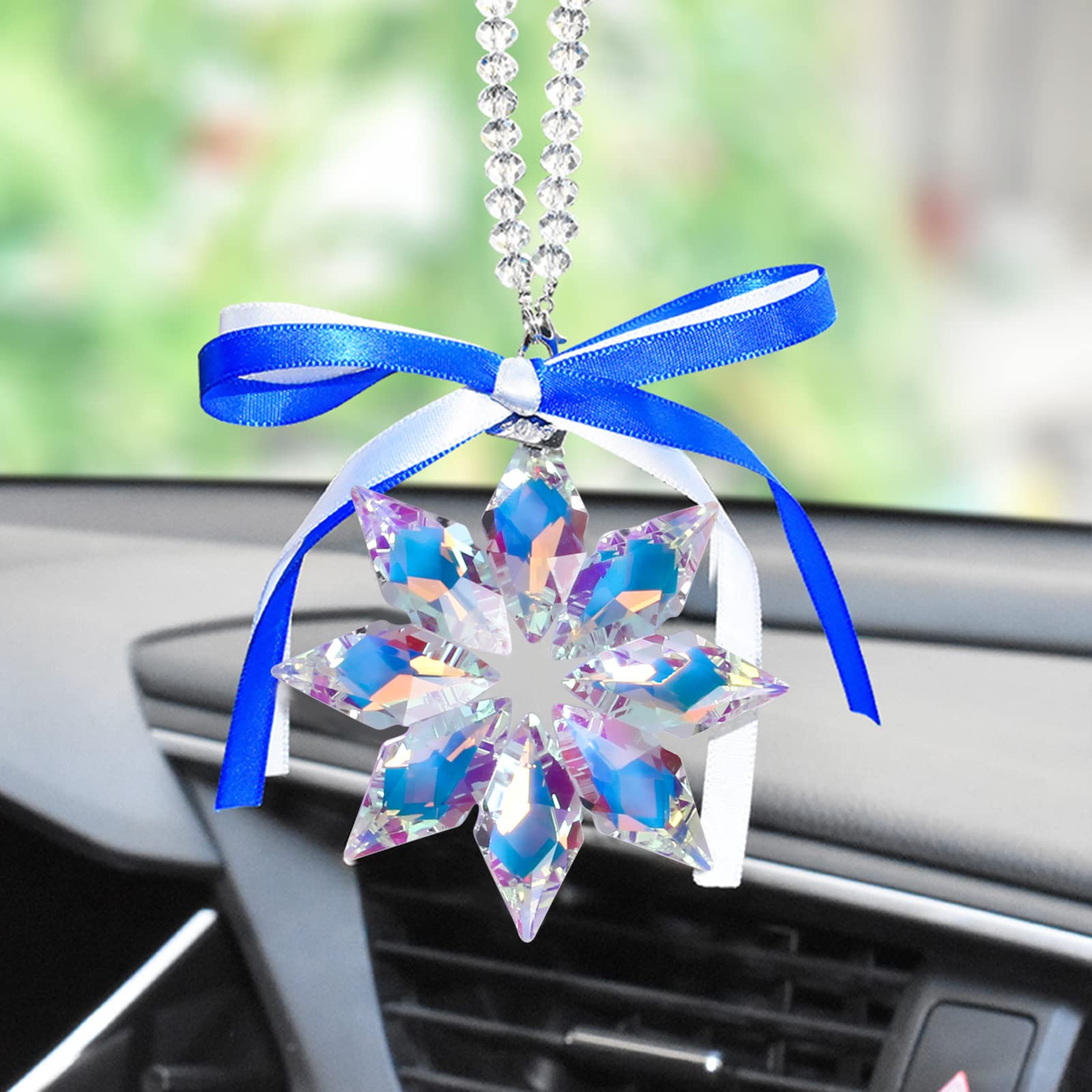 Yuroochii Car Mirror Pendant, Crystal Snowflake Car Rear View Mirror Pendant, Snowflake Shape Hanging Decorations Ornament, Cars Mirrors Hanging Accessories