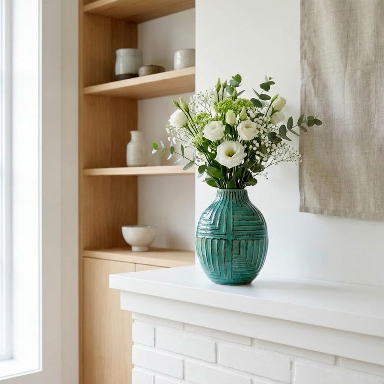 hjn hjn Teal Hand-Glazed Ceramic Vase - 5.7" H Modern Decorative Centerpiece Vase for Fresh/Dried Flowers, Home Decor for Living Room Bookshelf Mantel | Wedding Housewarming Gift