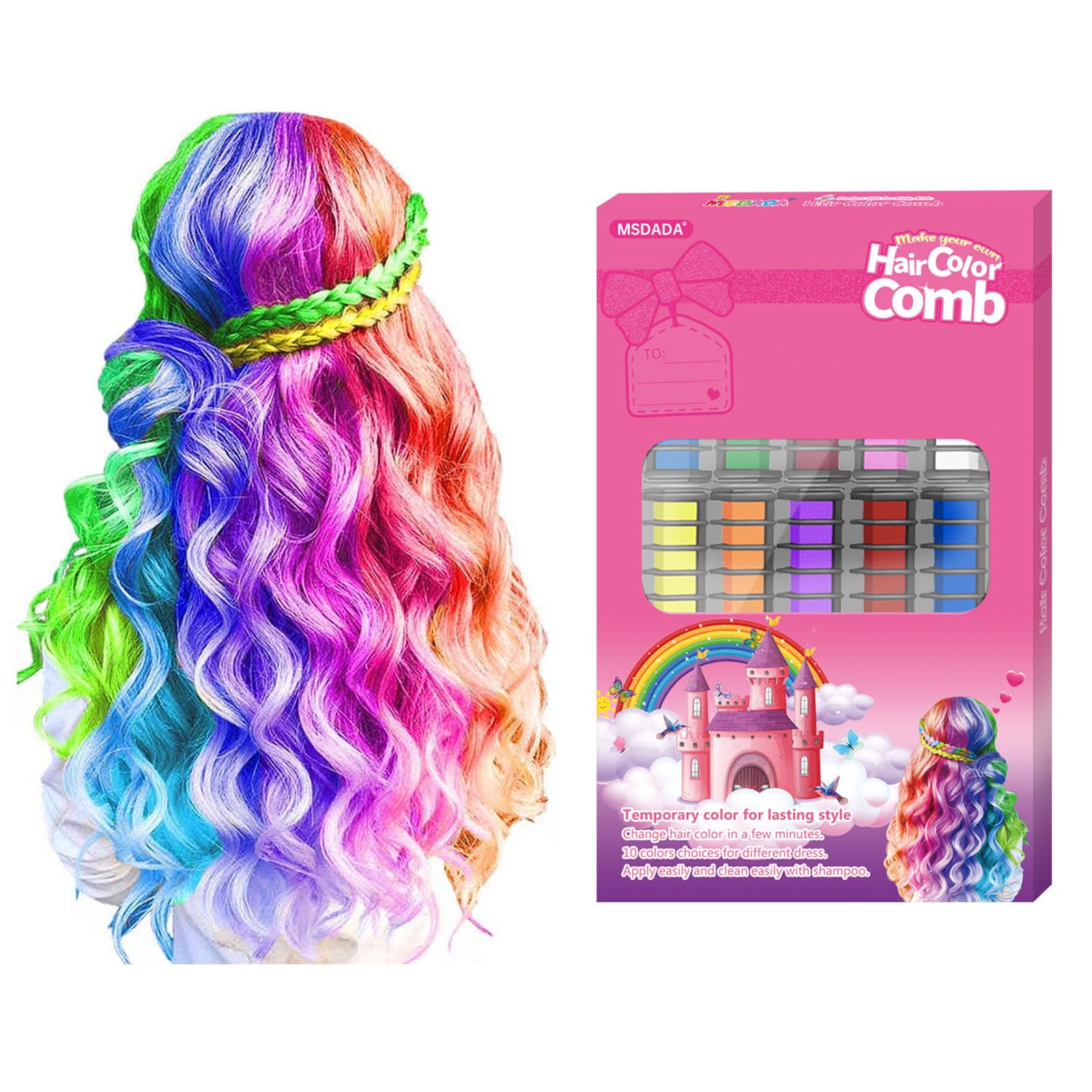 MSDADA 10 Color Hair Chalk for Girls - Hair Chalk Comb Kids Temporary Hair Color Dye - Teen Girl Gift Hair Stuff Accessories Makeup Kit Christmas Gifts Toys for Girls Age 6 7 8 9 10 11 12 13 Year Old