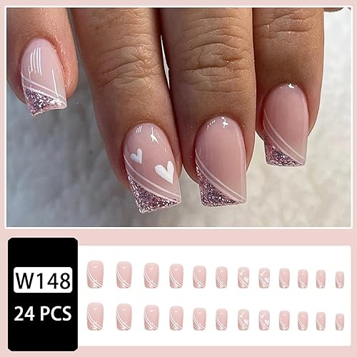 Miniatura 64 de Uñas postizas medianas a presión rojas, uñas cuadradas con pegamento, uñas postizas color rojo vino con diseño de líneas plateadas con purpurina