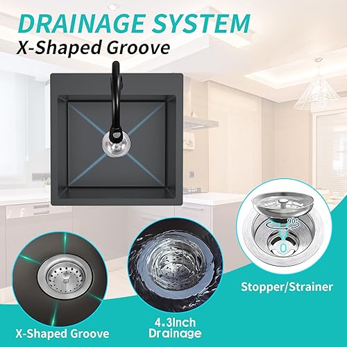 Miniatura 5 de Fregadero de cocina negro de acero inoxidable de 18 x 18 pulgadas, montaje superior, fregadero de cocina y bar, juego de fregadero de un solo tazón,