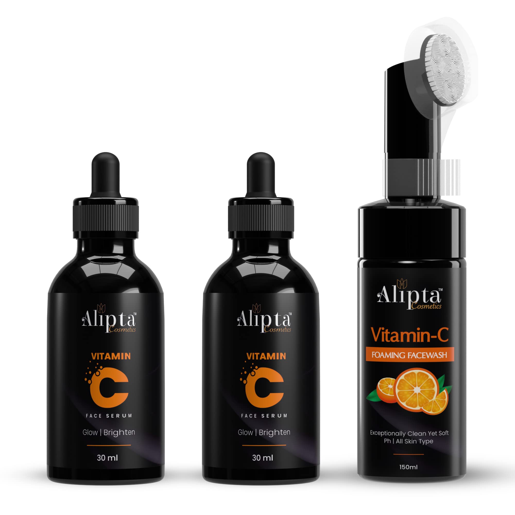 Alipta Cosmetics Vitamin C Face Ultimate 3 Kit with (Vitamin C Face Wash - Built In Brush + 2 Vitamin C Serum) 210 ml