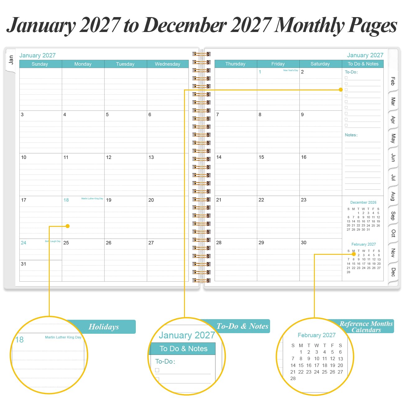 Agenda giornaliera e mensile 2027, una pagina al giorno, agenda giornaliera da gennaio 2027 a dicembre 2027, planner 2027 con 12 linguette mensili, 21,6 x 27,9 cm, motivo floreale C