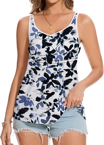 V Neck Tank Top with Built in Bra Wide Strap Flowy Loose Fit Summer Tops | Sleeveless Summer Padded Shirt Sewn Built in Bra,Not Removabel,Medium Support.Floral Print,Adjustable Strap,Flowy Loose Style