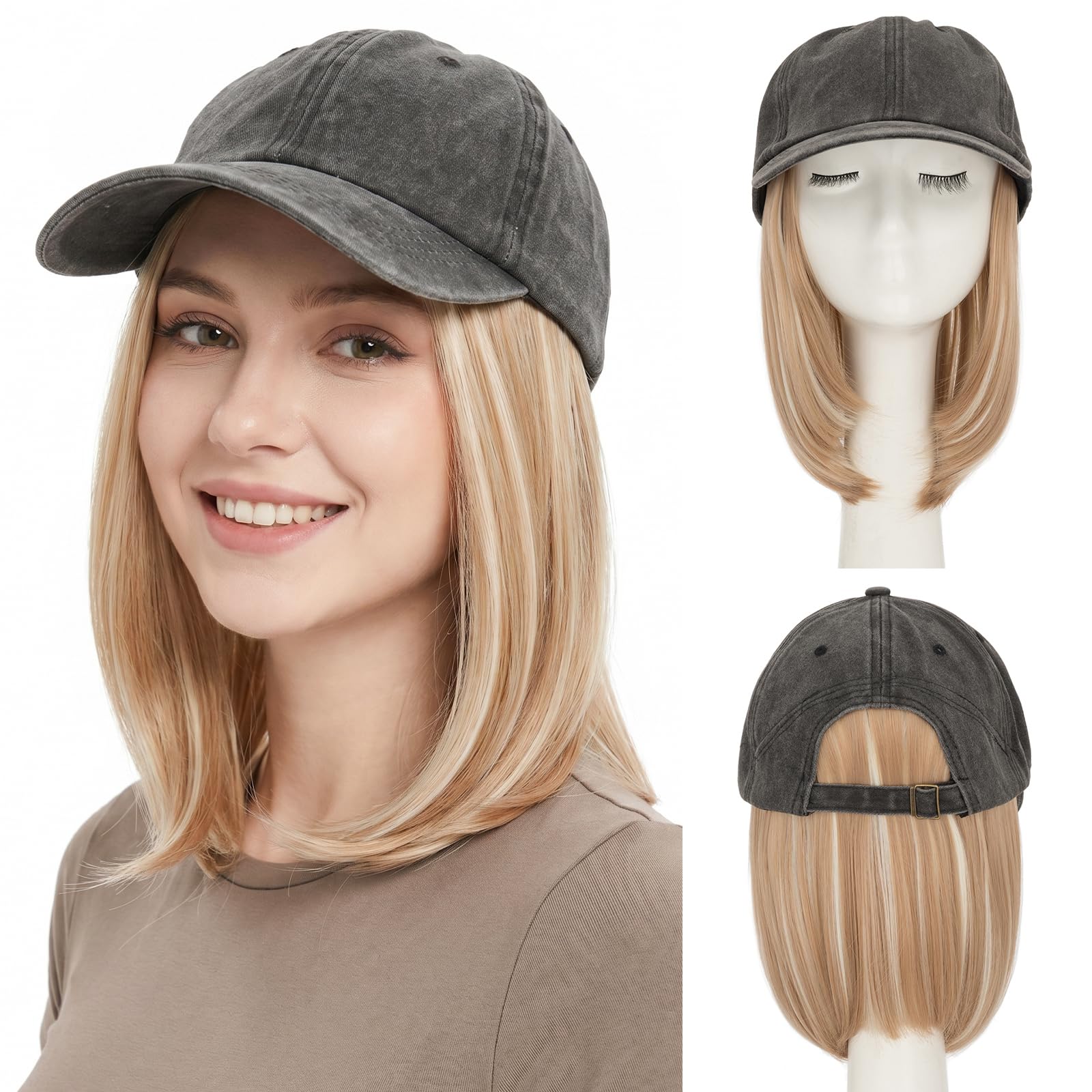 SEGO Unisex Vintage Baseball Cap with Hair Extensions for Women Synthetic Hair Attached Hairpiece Dark Gray Baseball Cap Wig Adjustable Hat Wigs for Women 6 Inch 18P613 Ash Blonde Mix Bleach Blonde