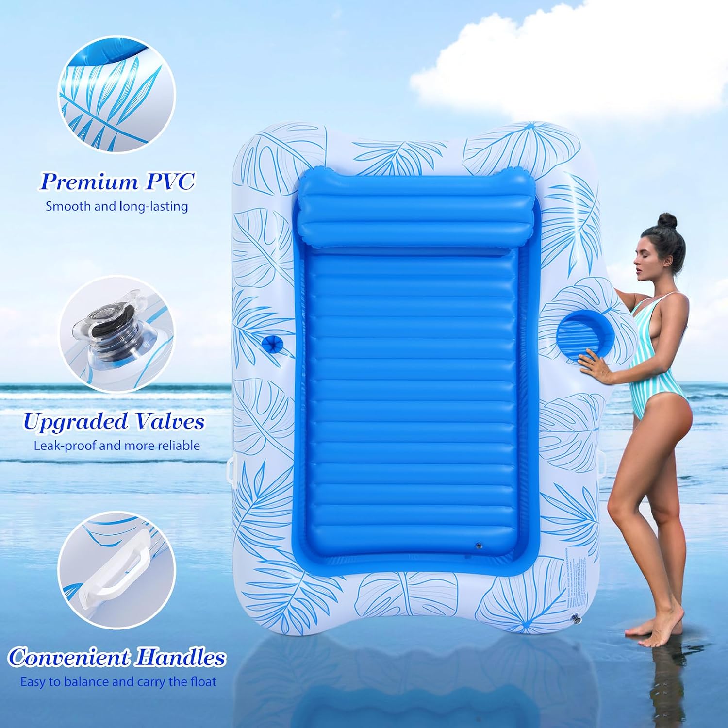 MoKo Pool Floats Adult, Large Floating Bed with Ice Bar, Tanning Bed Pool Raft Inflatable Lounger with Drink Holder Tanning Chair Inflatable Pool Toys for Party Beach Backyard