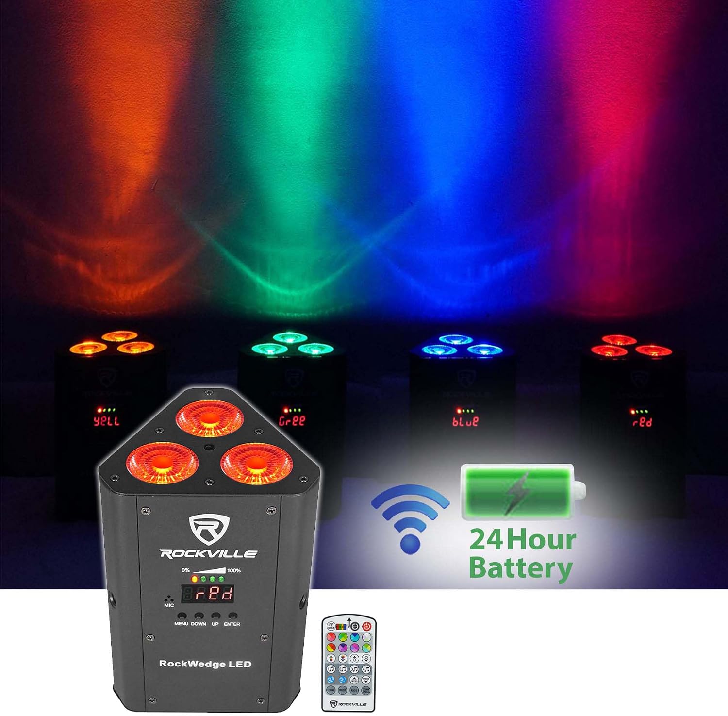 Rockville RockWedge LED 54-Watt RGBWA UV Rechargeable Battery Wireless DMX Par Uplight, Portable Cordless Wash Fixture for DJs Events and Weddings, 6-Piece