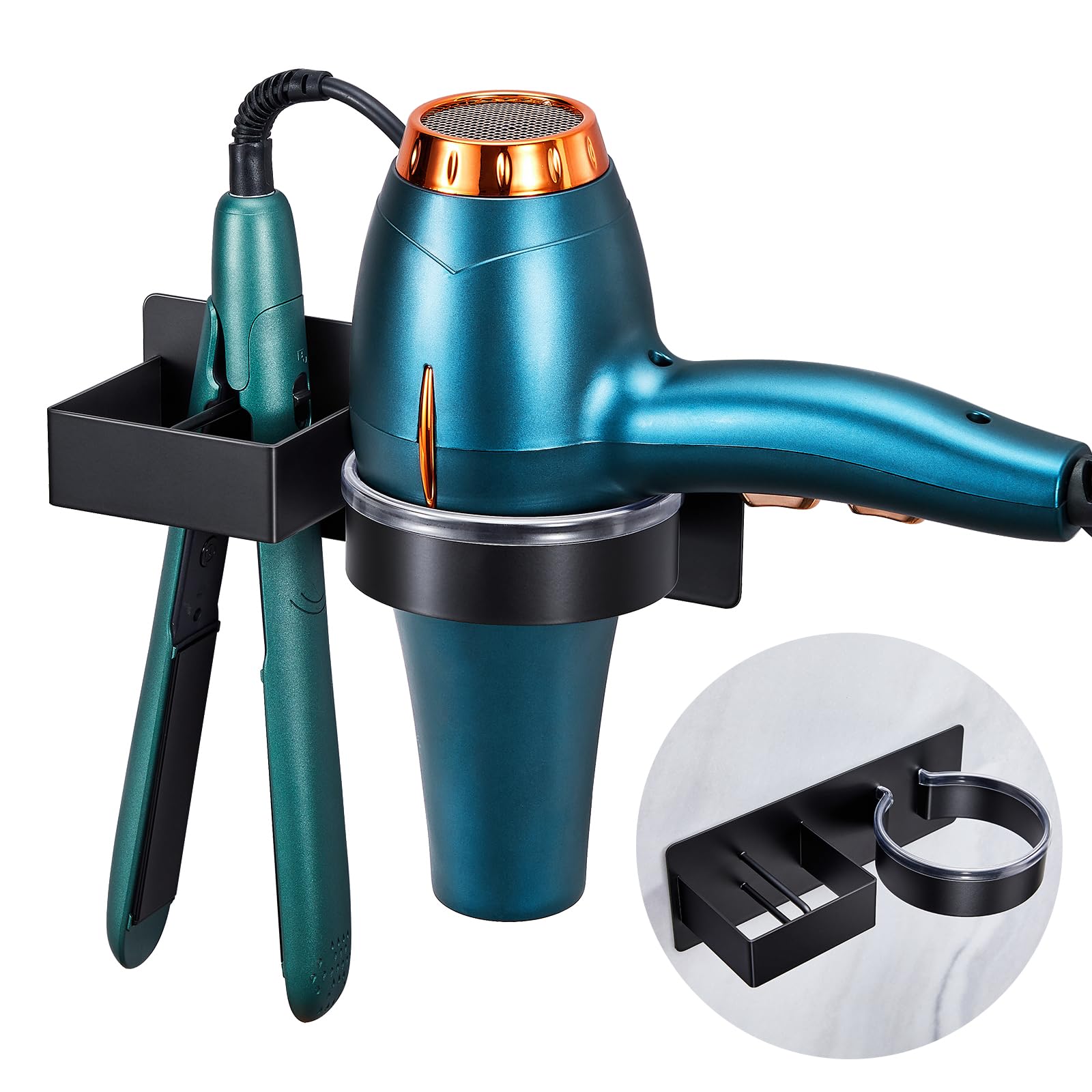 Hair Dryer Holder Wall Mounted, Black Blow Dryer Holder, Stainless Steel Hair Tool Organizer for Hair Straightener Holder, Adhesive Hairdryer Holder Storage Curling Iron Holder for Bathroom Salon