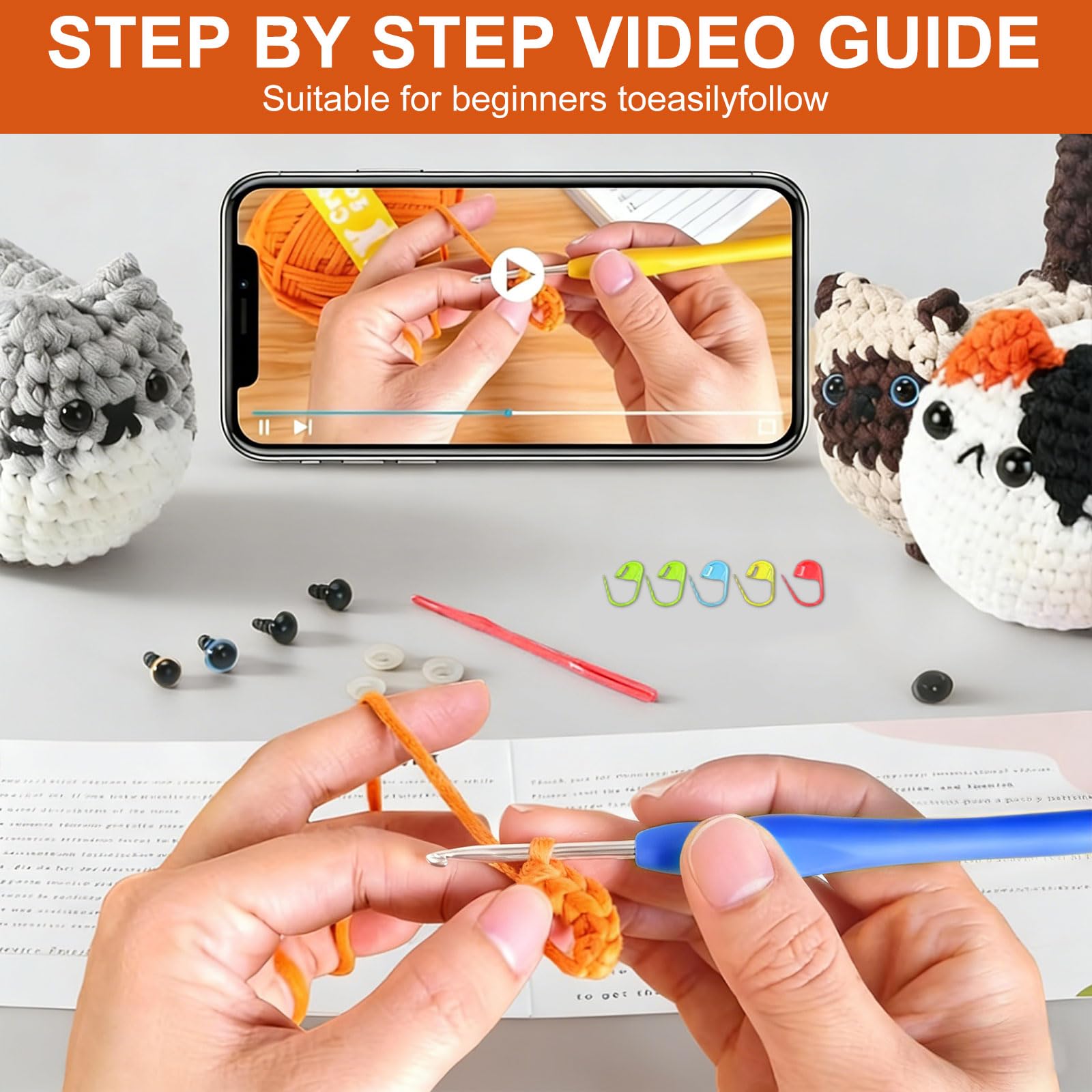 BOYIFEIJIE Set all'uncinetto per principianti, set di animali, istruzioni Amigurumi con video passo dopo passo, tre simpatici gatti, ideale per principianti, set creativo all'uncinetto (3 gattini)