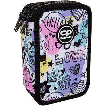 CoolPack XXL Pencil Case 3 Compartments School Pencil Case Triple Pencil Case Pencil Case for Girls 3-Tier Mood 44-Piece Filled Pencil Case