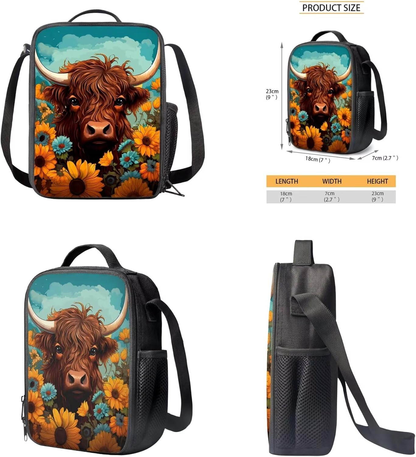 AmzPrint 4 In 1 Highland Cow Backpack Set Sunflower Bookbag And Lunch Box Pencil Bag Water Bottler Carrier Set For Girls Boys