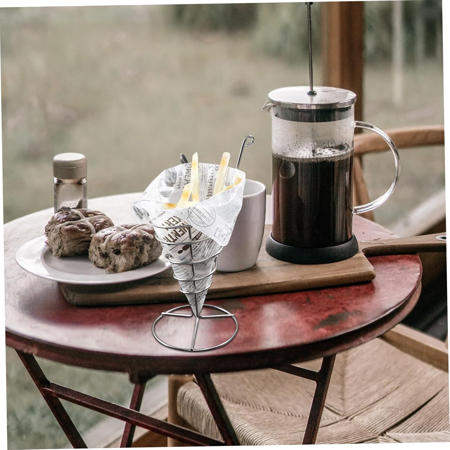 PRETYZOOM 3pcs Stainless Steel Snack Stand French Fries Rack Car Sauce Dip Holder Deep Fry Food Basket for Bbq Party Snack Container Cone Holder