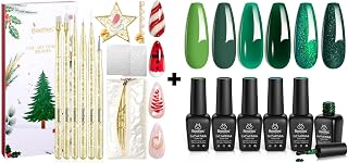 Beetles Christmas Nail Art Brushes 6pcs – Golden Gleam Tools & Christmas Green Gel Polish, 6 Color Glitter Lime Olive Emerald
