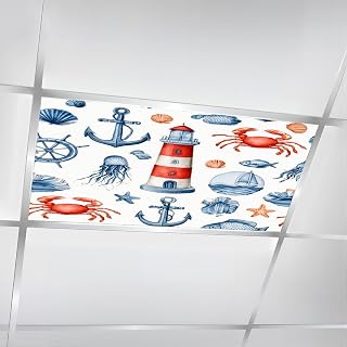 4 Pcs Fluorescent Light Covers for Ceiling Lights Watercolor Nautical seamless Hand drawn Lighthouse Sailboat Ship Magnetic Decorative Shade Filters 4x2 ft for Classroom Office Hospital Decor