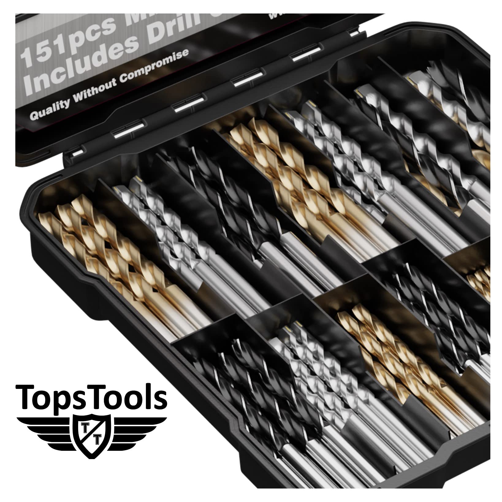TopsTools 151pcs TT151TW 1mm 10mm Legno Cemento Mattone Punte trapano | Mixed HSS, carbide masonry e brad-point legno bits offrono durevole foratura across metallo, masonry, legno e plastica